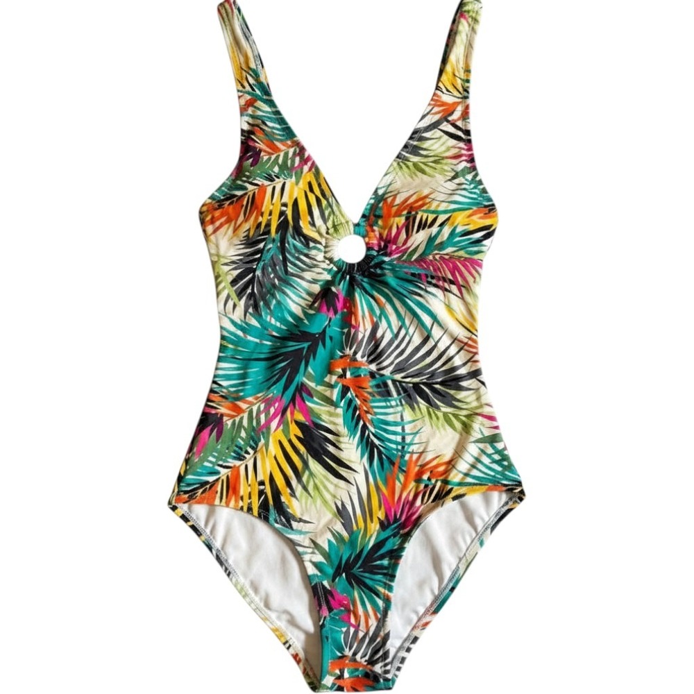Tropical Palm‎ Leaf Print One Piece Swimsuit Multicolor Ring Detail Cutout Back